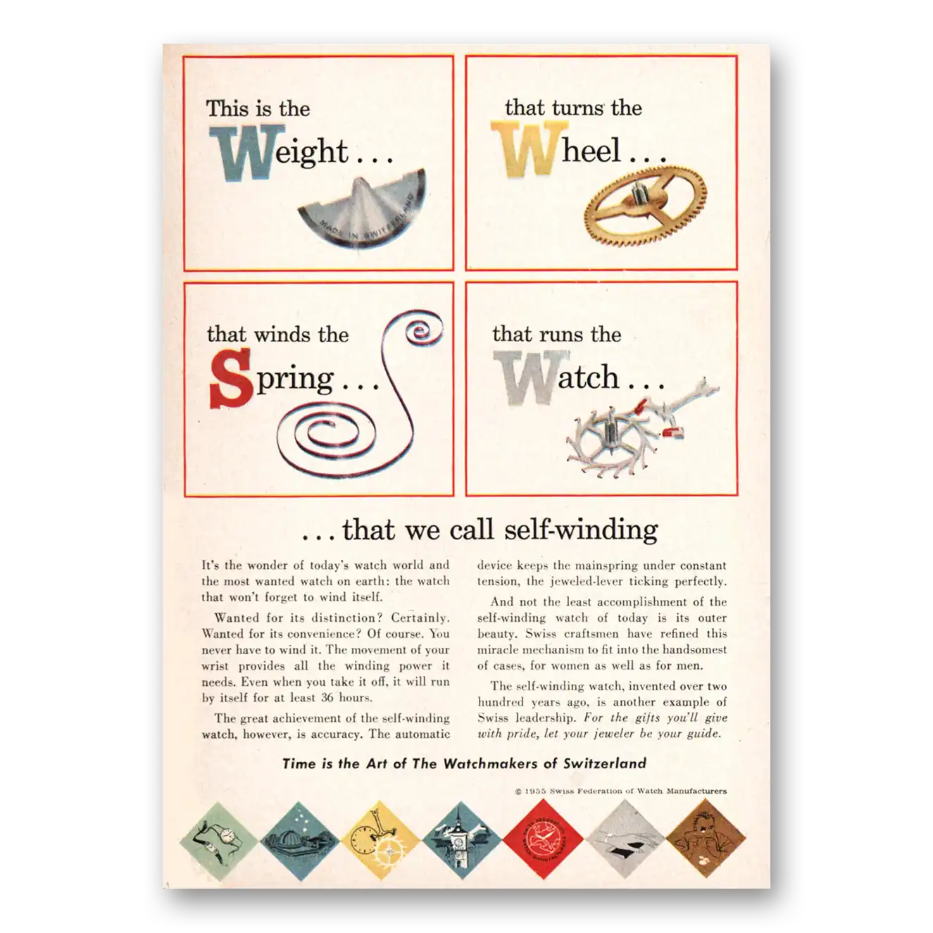 1955 Watchmakers of Switzerland Weight That Turns the Wheel Vintage Magazine Print Ad