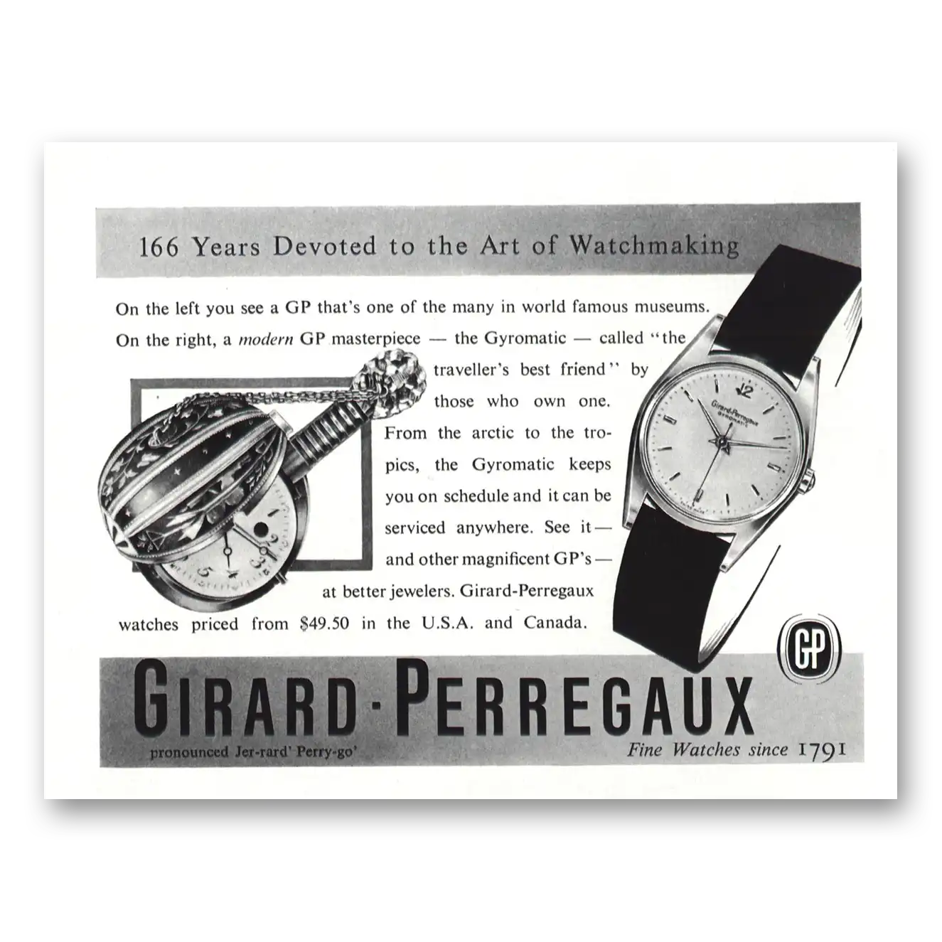 1956 Girard Perregaux Gyromatic Watch Vintage Magazine Print Ad