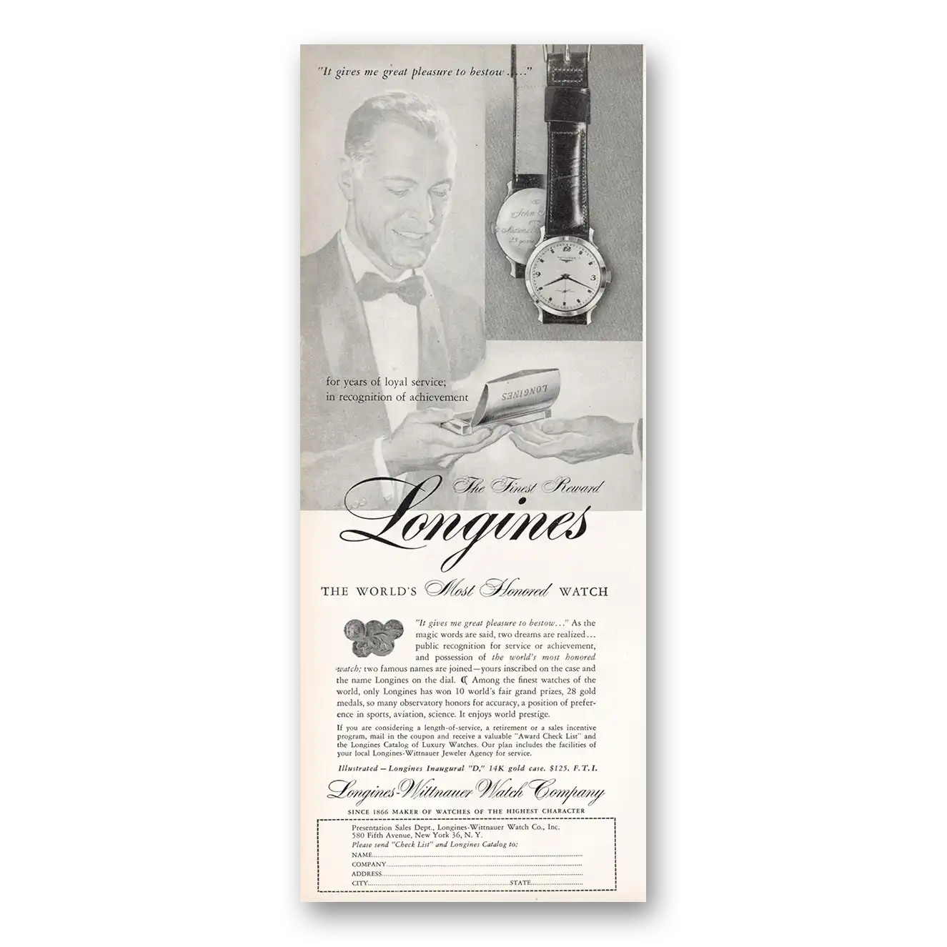 1956 Longines Wittnauer Gives Me Great Pleasure to Bestow Vintage Magazine Print Ad