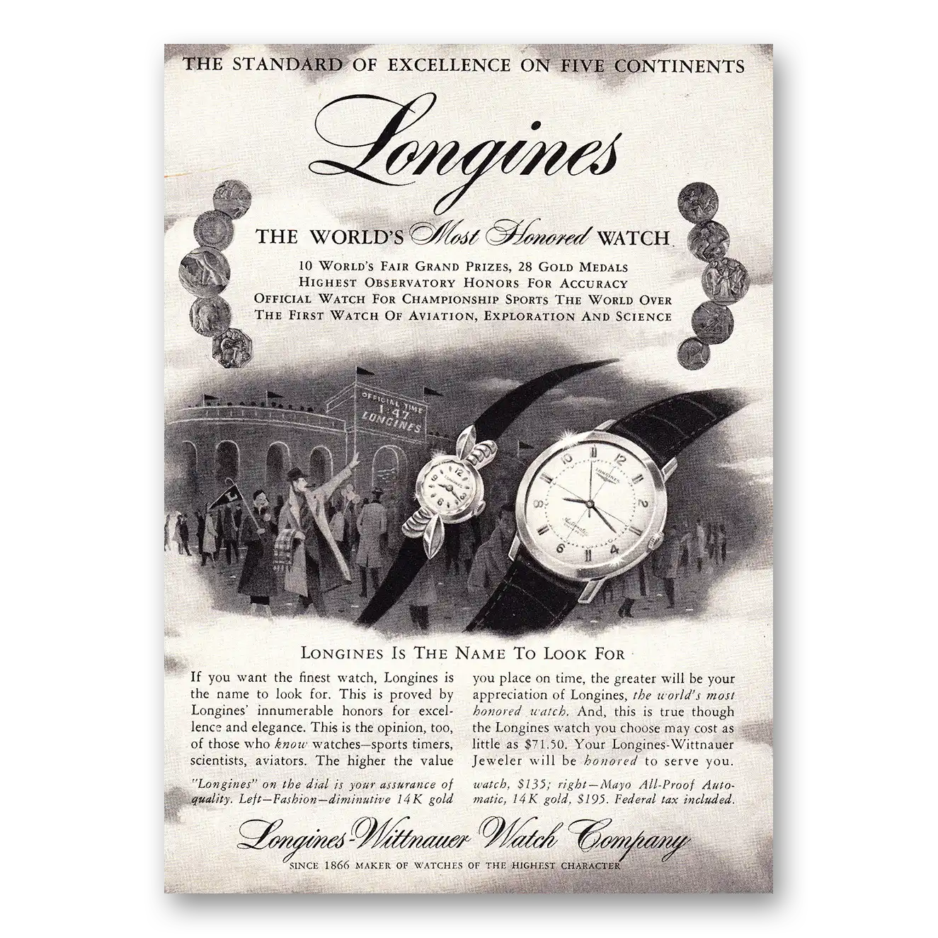 1957 Longines Wittnauer Longines Is the Name to Look For Vintage Magazine Print Ad