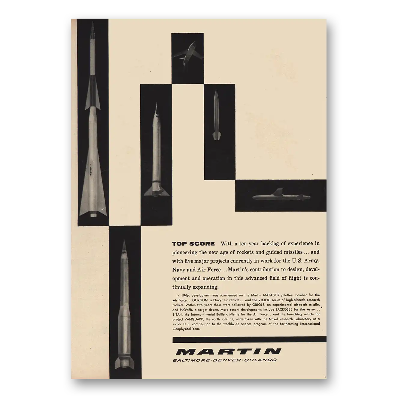 1957 Martin Aircraft Top Score Vintage Magazine Print Ad