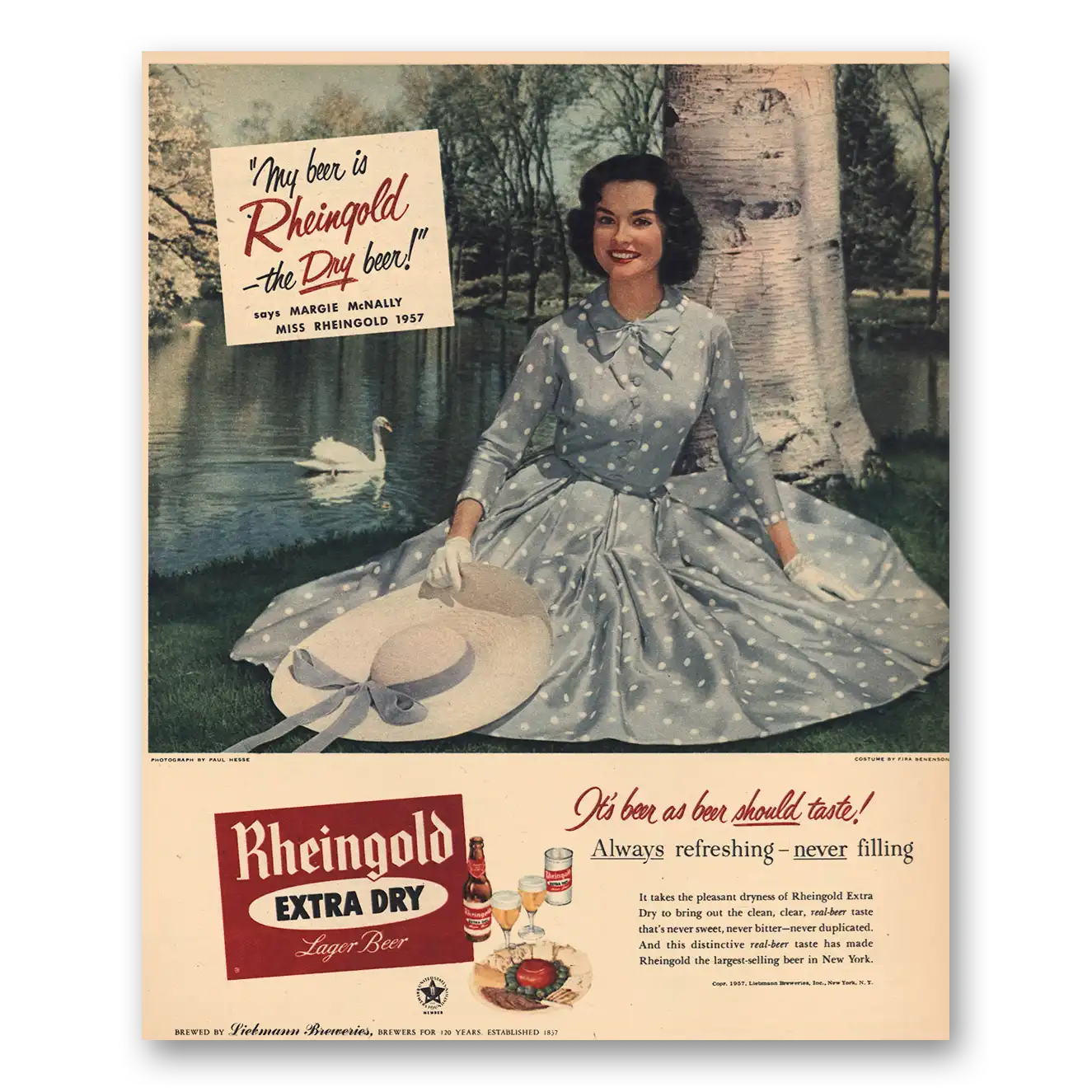 1957 Rheingold Beer Margie McNally Miss Rheingold Swan Vintage Magazine Print Ad