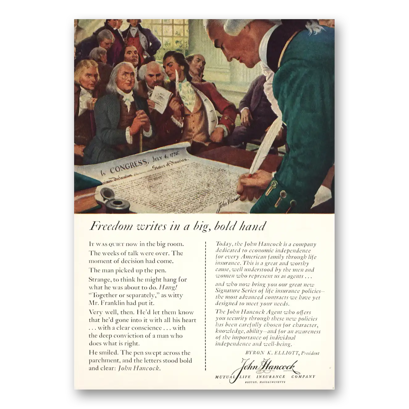 1959 John Hancock Insurance Freedom Writes Big Bold Hand Vintage Magazine Print Ad