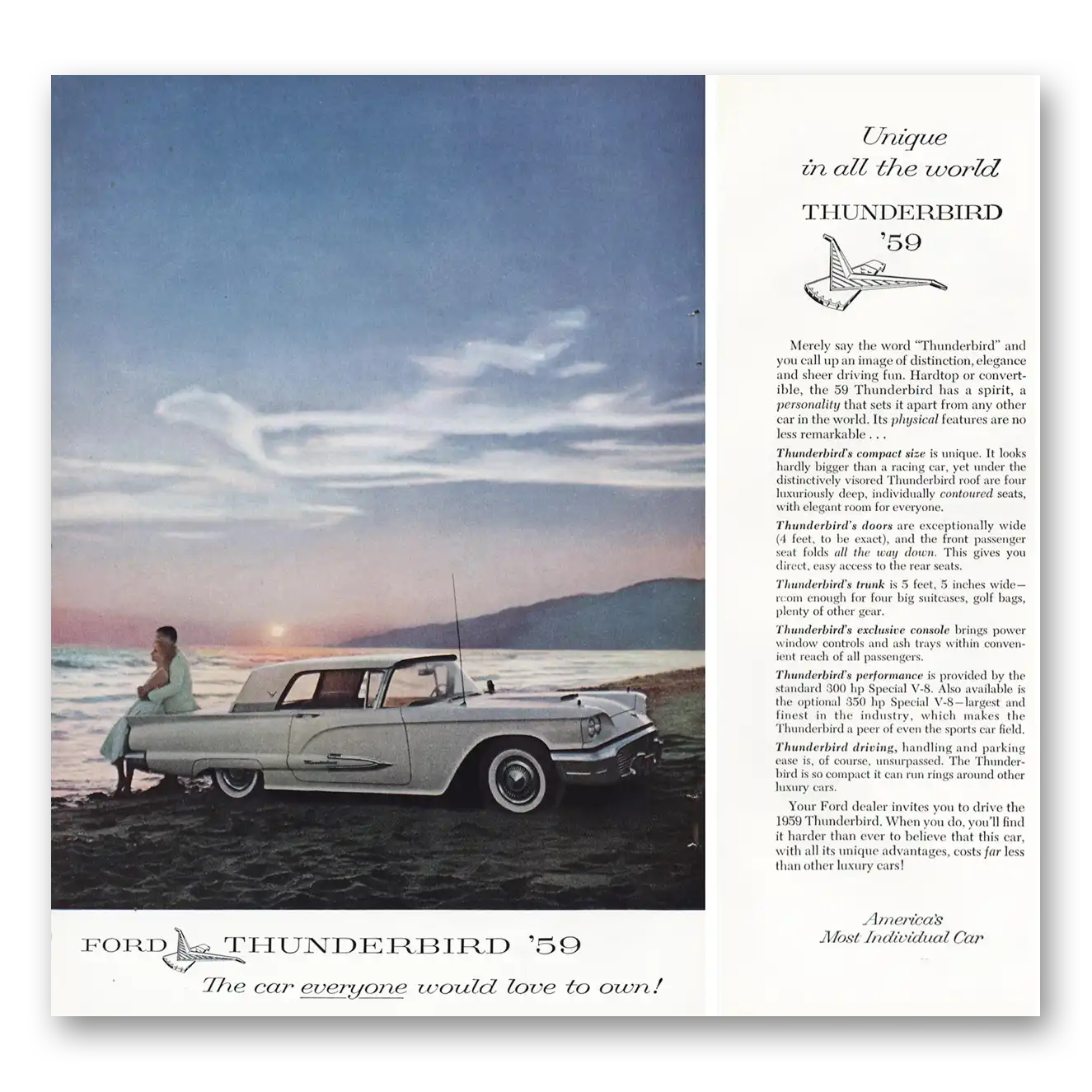 1959 Ford Thunderbird Unique In All The World Vintage Magazine Print Ad