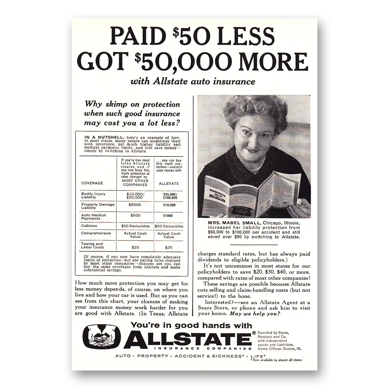 1960 Allstate Insurance Paid 50 Less Vintage Magazine Print Ad