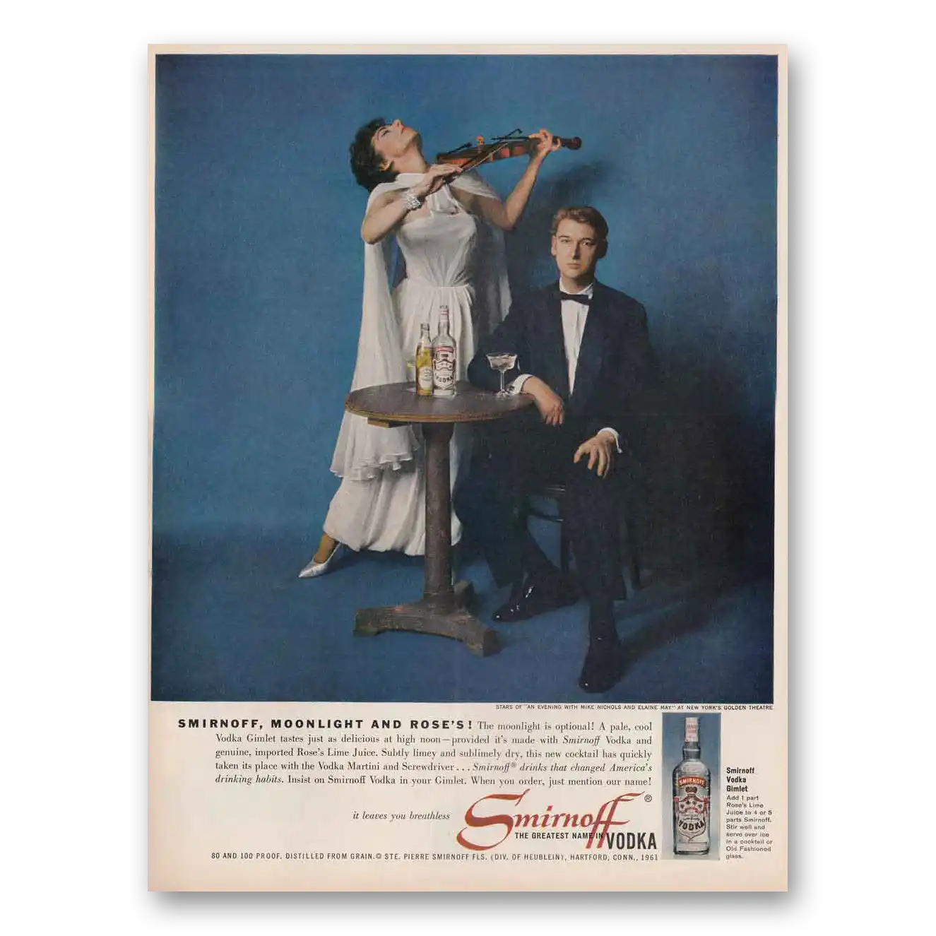 1961 Smirnoff Vodka Moonlight and Roses Vintage Magazine Print Ad