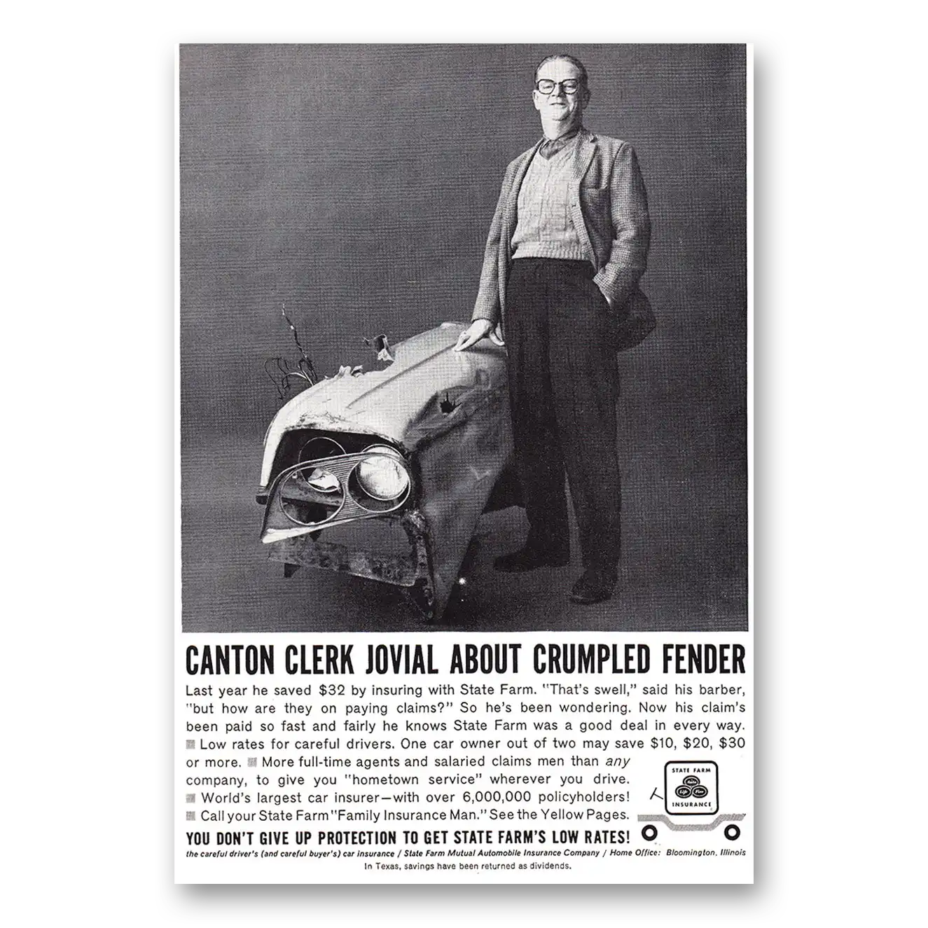 1961 State Farm Insurance Canton Clerk Jovial About Crumpled Fender Vintage Magazine Print Ad