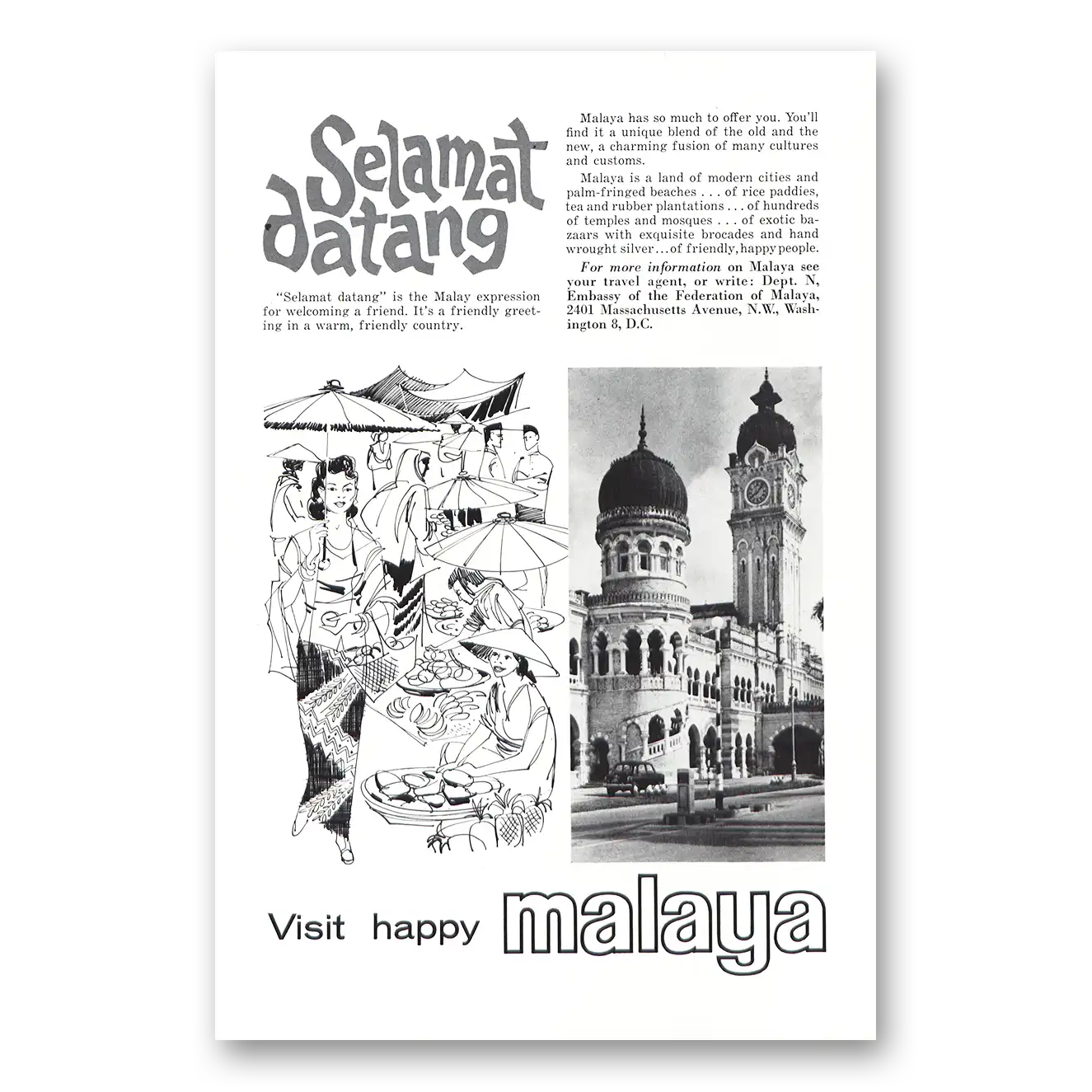 1963 Malaya Selamat Datang Vintage Magazine Print Ad