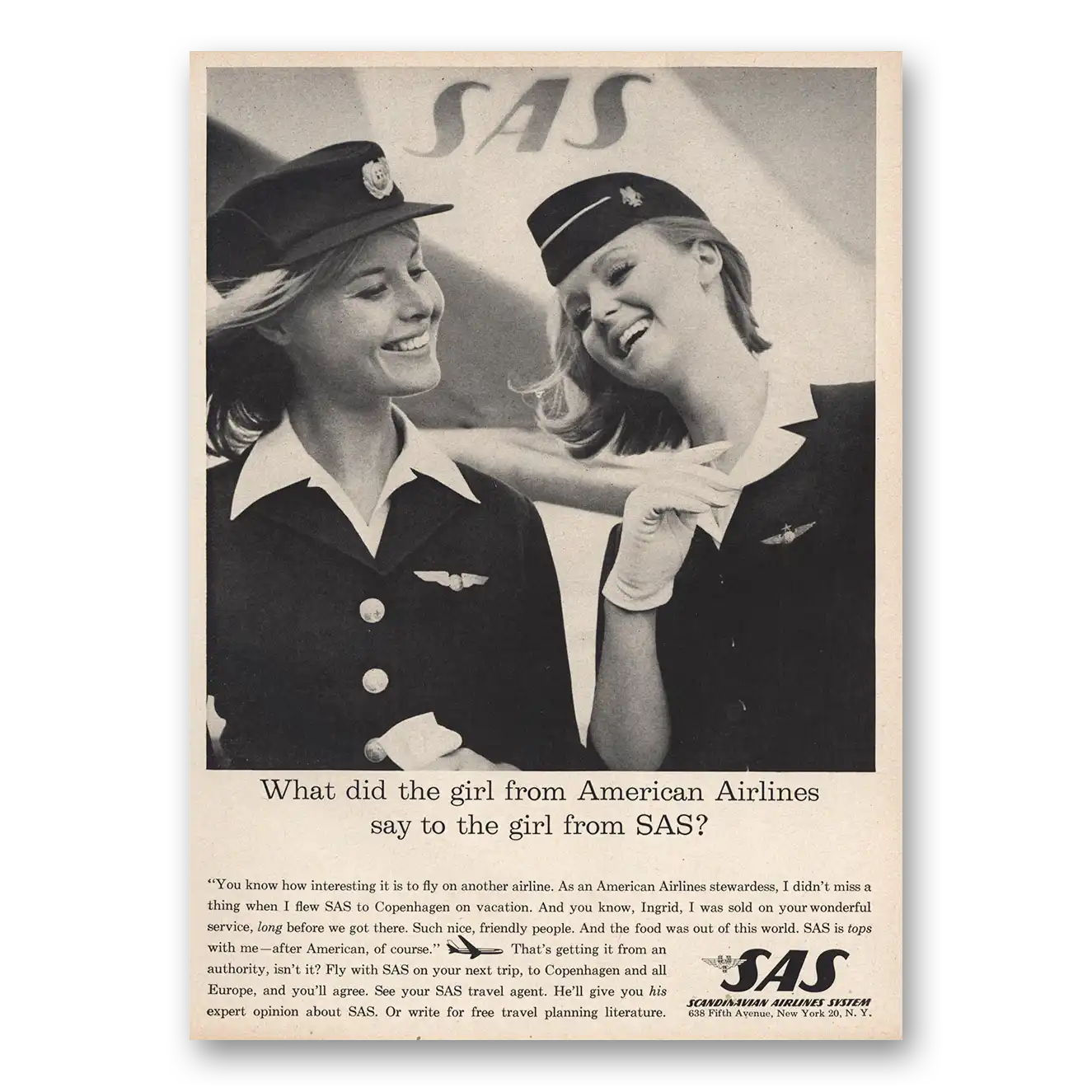 1963 SAS Scandinavian Airlines Girl From American Airlines Say to Girl From SAS Vintage Magazine Print Ad