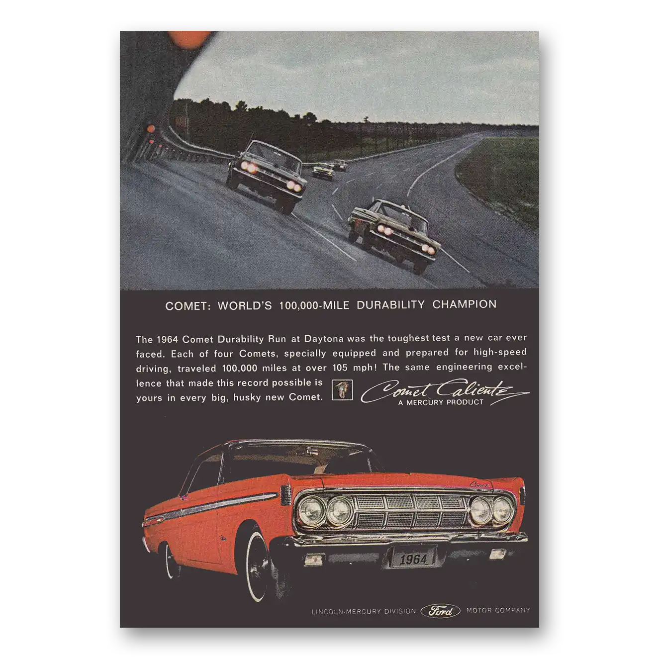 1964 Mercury Comet Caliente Durability Run at Daytona Vintage Magazine Print Ad