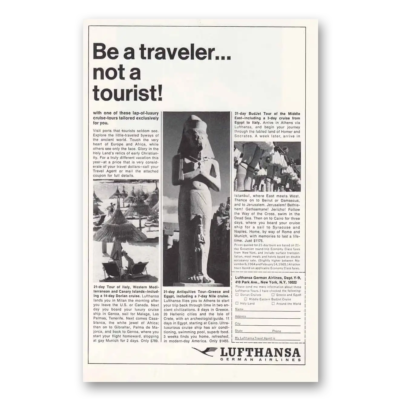 1964 Lufthansa German Airlines Be a Traveler Not a Tourist Vintage Magazine Print Ad