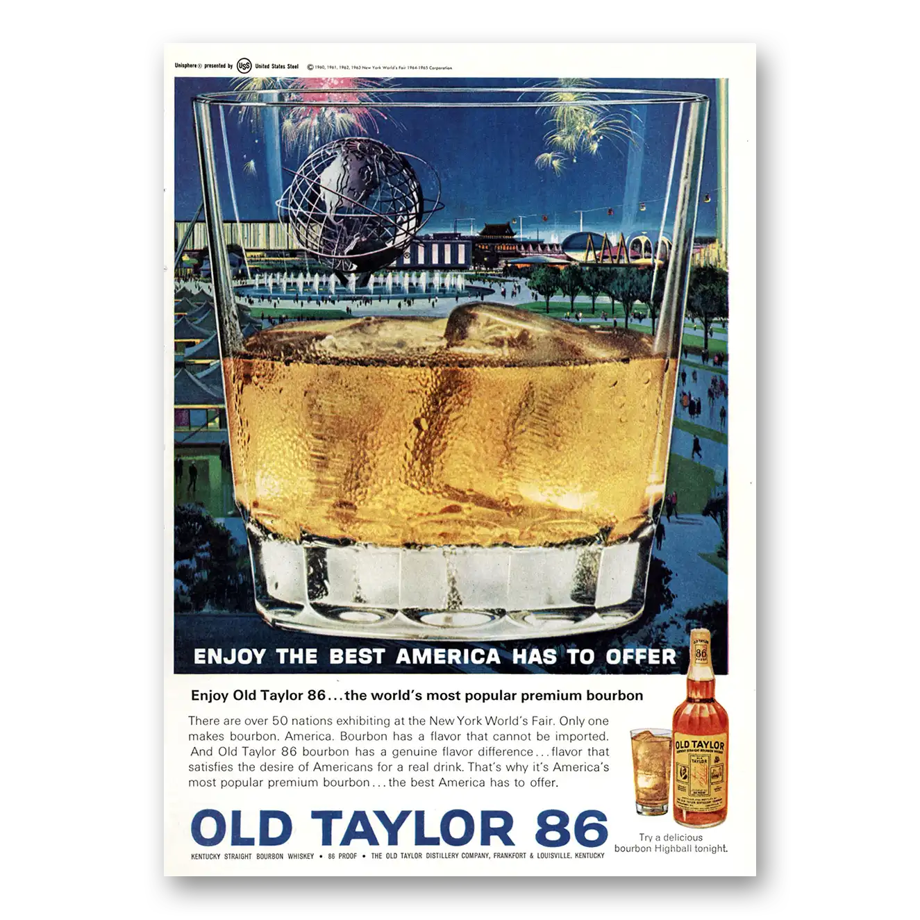 1964 Old Taylor Bourbon Whiskey Unisphere New York Worlds Fair Vintage Magazine Print Ad