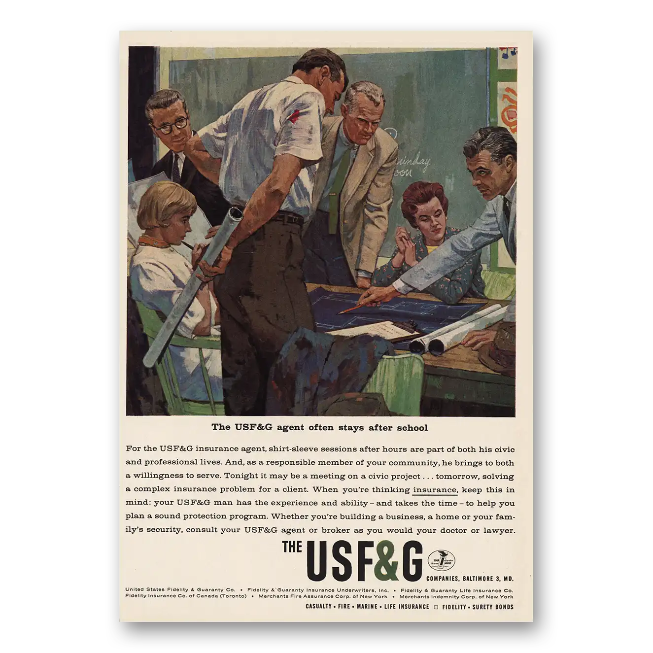 1964 USF&G Often Stays After School Vintage Magazine Print Ad