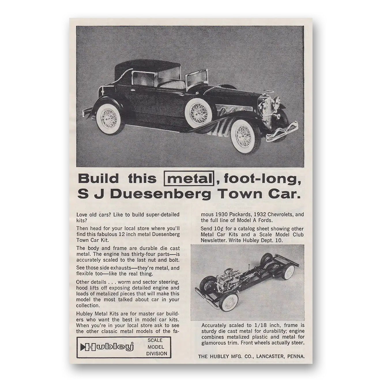 1965 Hubley Scale Models Build This Metal Foot Long S J Duesenberg Town Car Vintage Magazine Print Ad