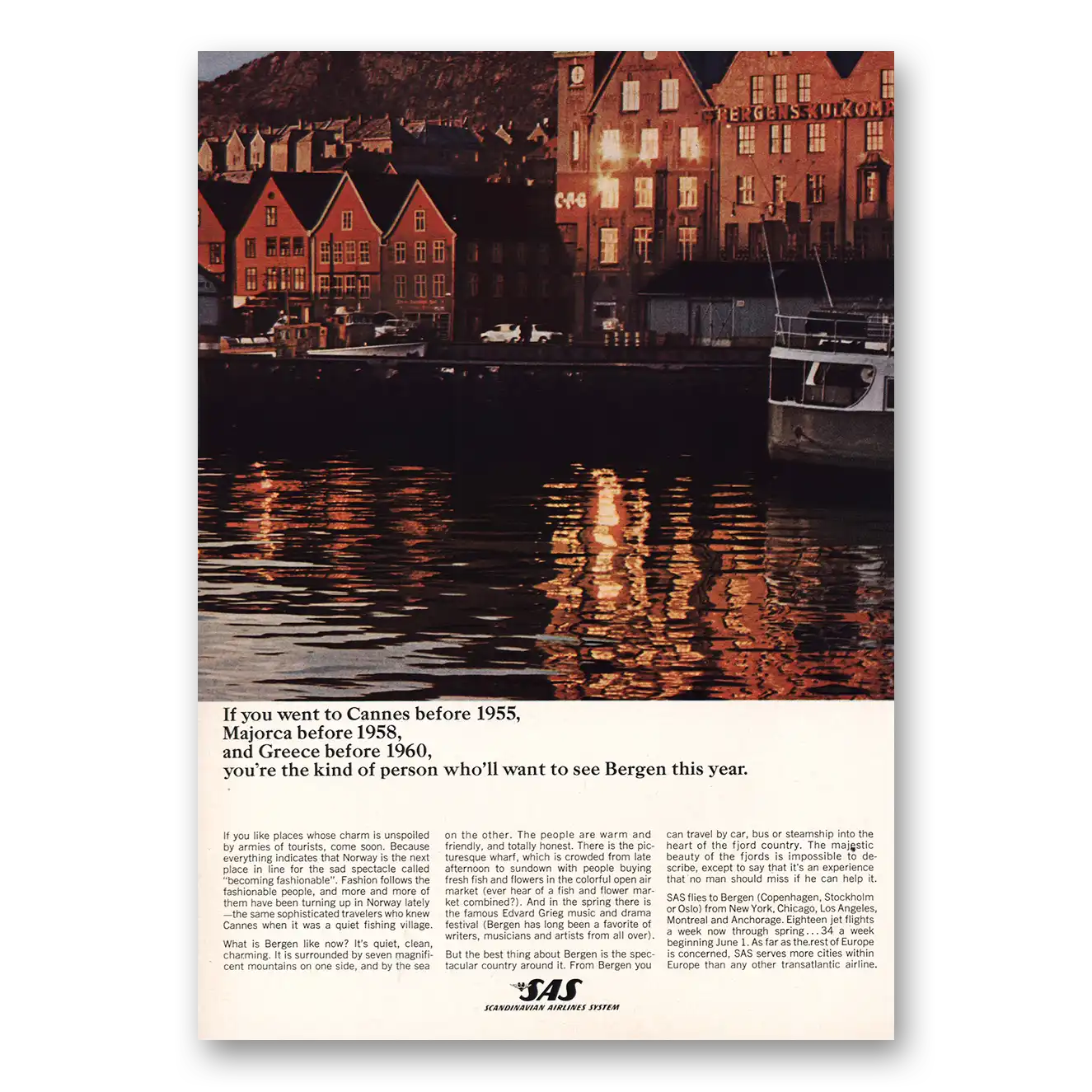 1965 SAS Scandinavian Airlines Cannes Before 1955 Vintage Magazine Print Ad