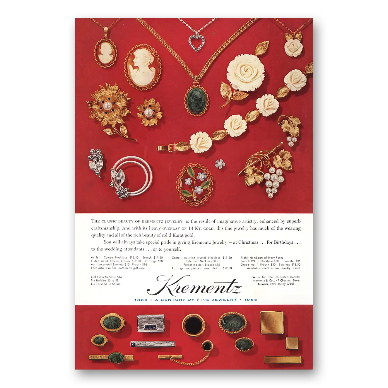 1966 Krementz Jewelry Cameo Necklace Vintage Magazine Print Ad