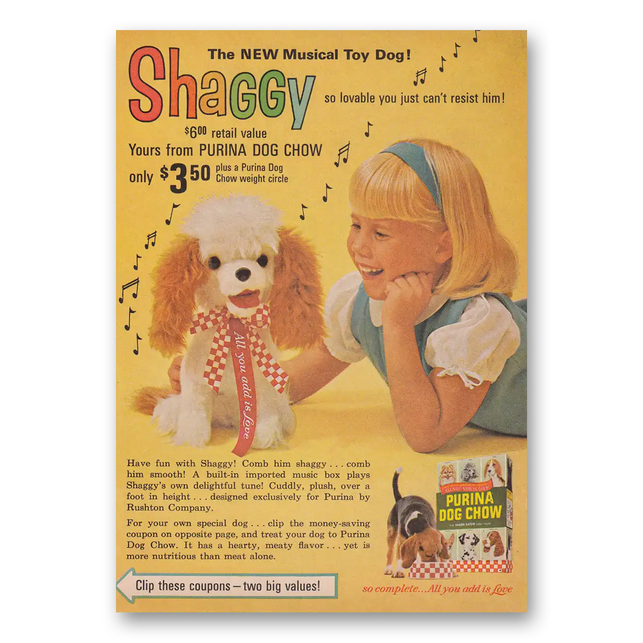 1966 Purina Dog Chow Shaggy Musical Toy Dog Vintage Magazine Print Ad