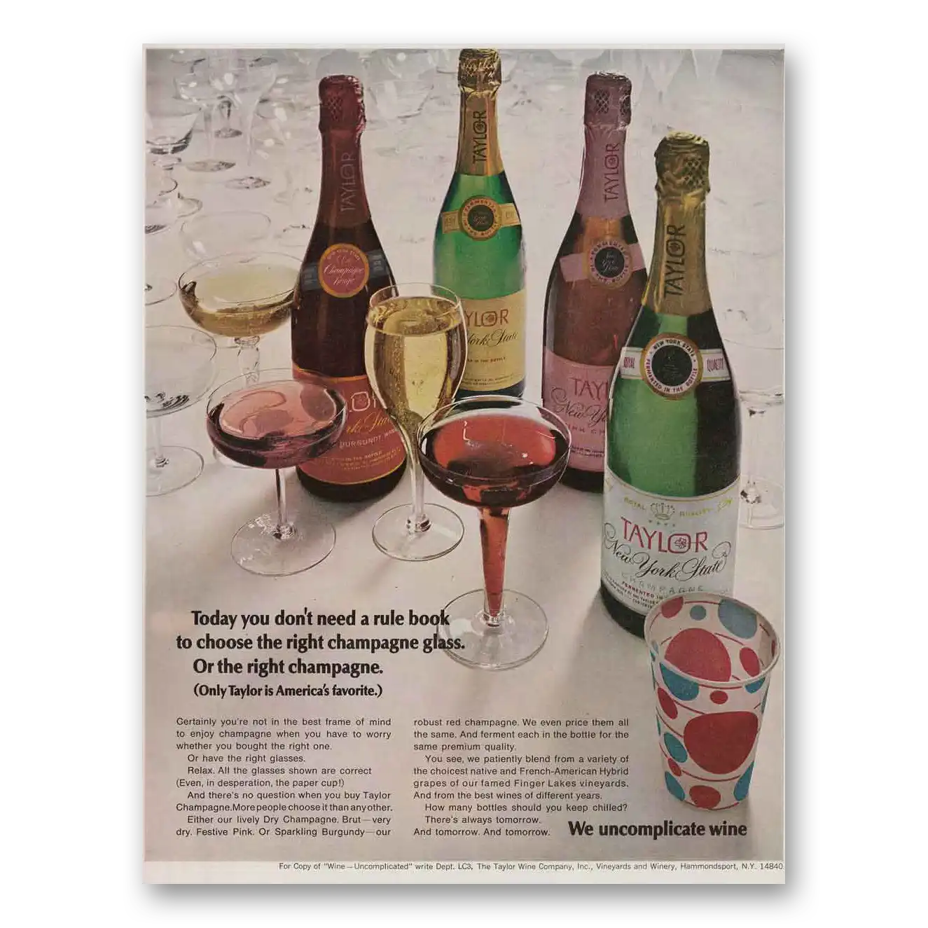1968 Taylor Wine Don’t Need Rule Book to Choose Champagne Glass Vintage Magazine Print Ad