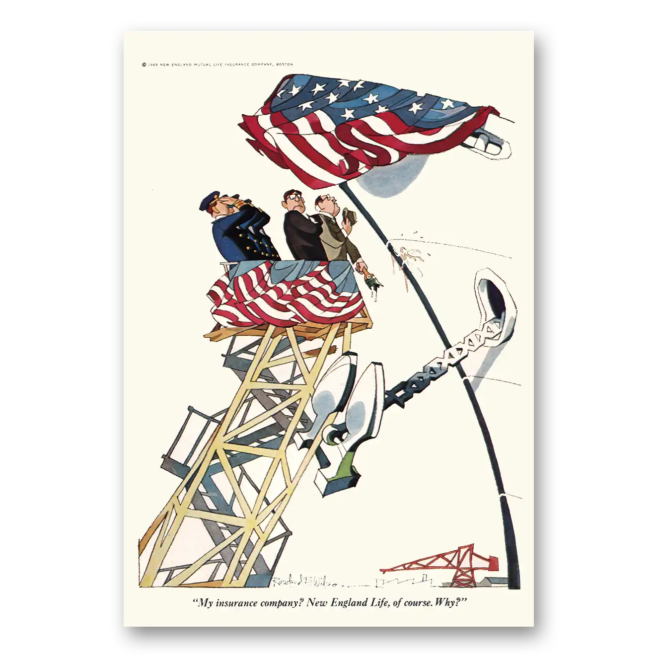 1969 New England Life Insurance Ship and Flag Vintage Magazine Print Ad