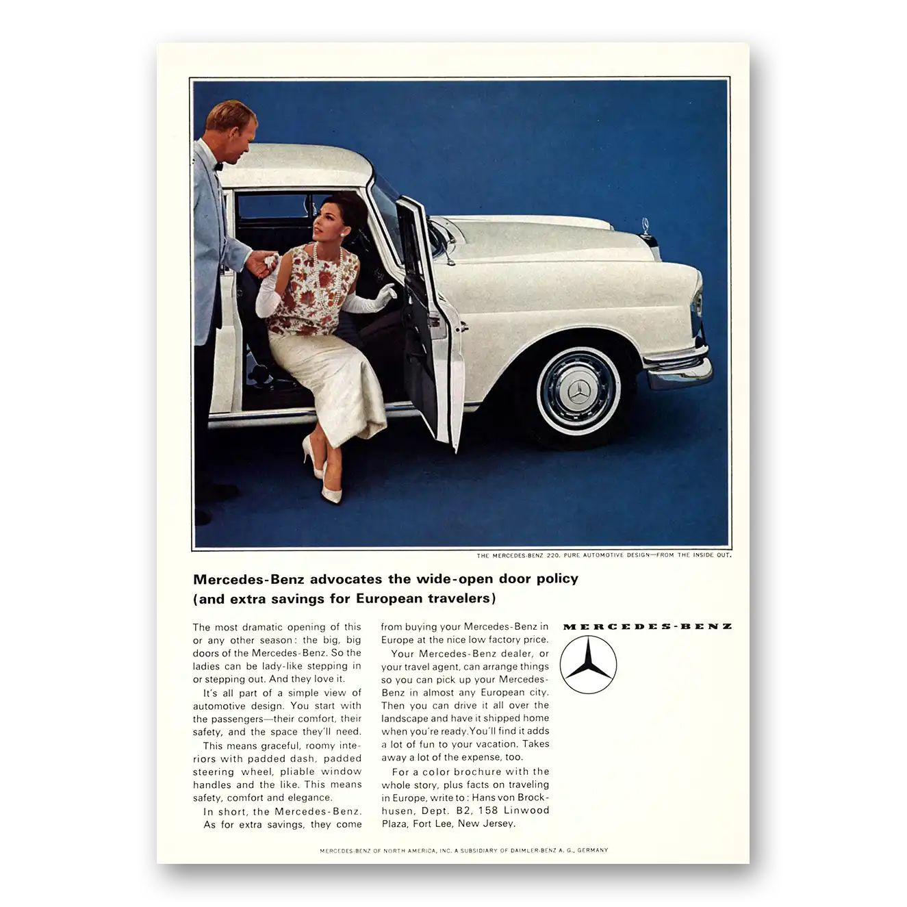 1969 Mercedes Benz 220 Advocates the Wide Open Door Vintage Magazine Print Ad