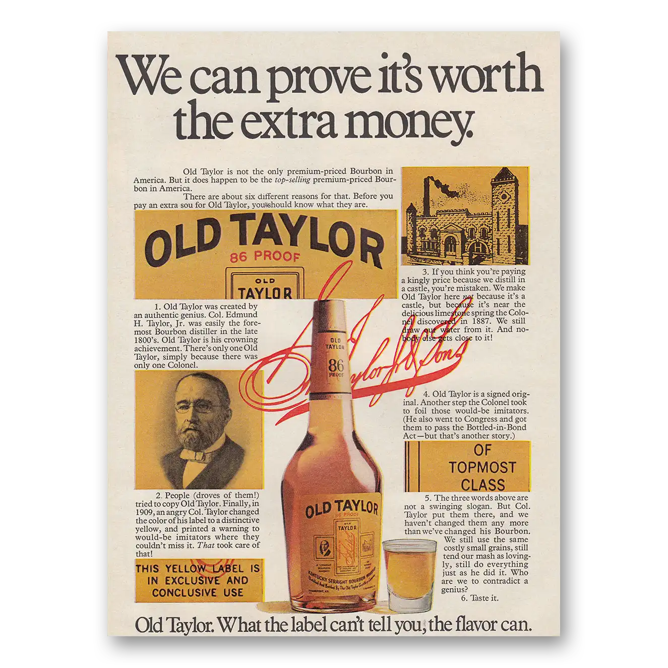 1970 Old Taylor Bourbon Whiskey We Can Prove Its Worth the Extra Money Vintage Magazine Print Ad