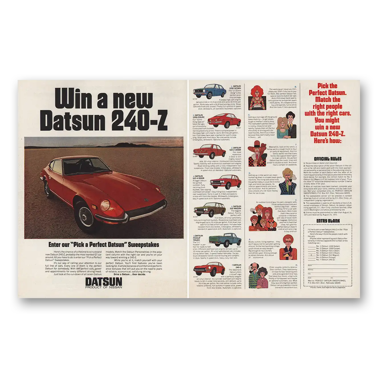 1971 Datsun 240Z Pick a Perfect Datsun Sweepstakes Vintage Magazine Print Ad