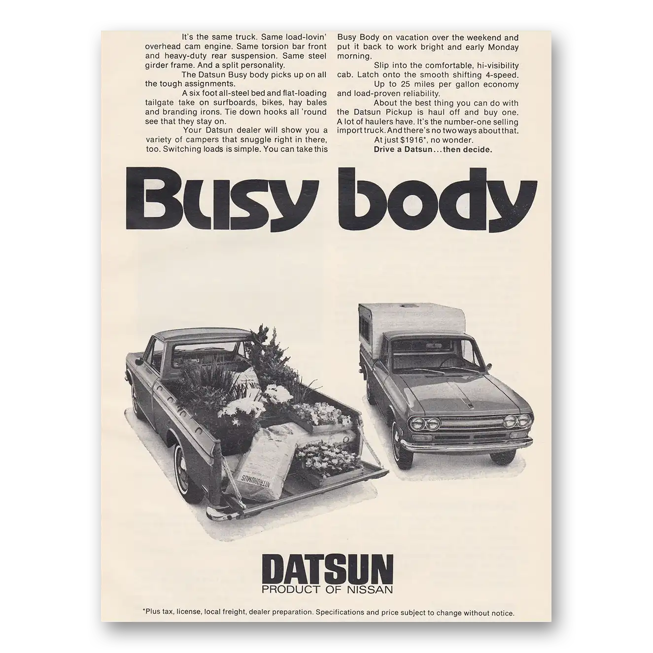 1971 Datsun Pickup Truck Busy Body Vintage Magazine Print Ad