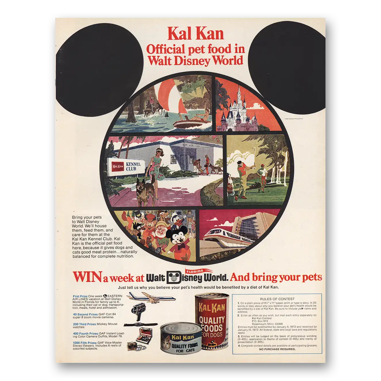 1971 Kal Kan Official Pet Food Walt Disney World Vintage Magazine Print Ad