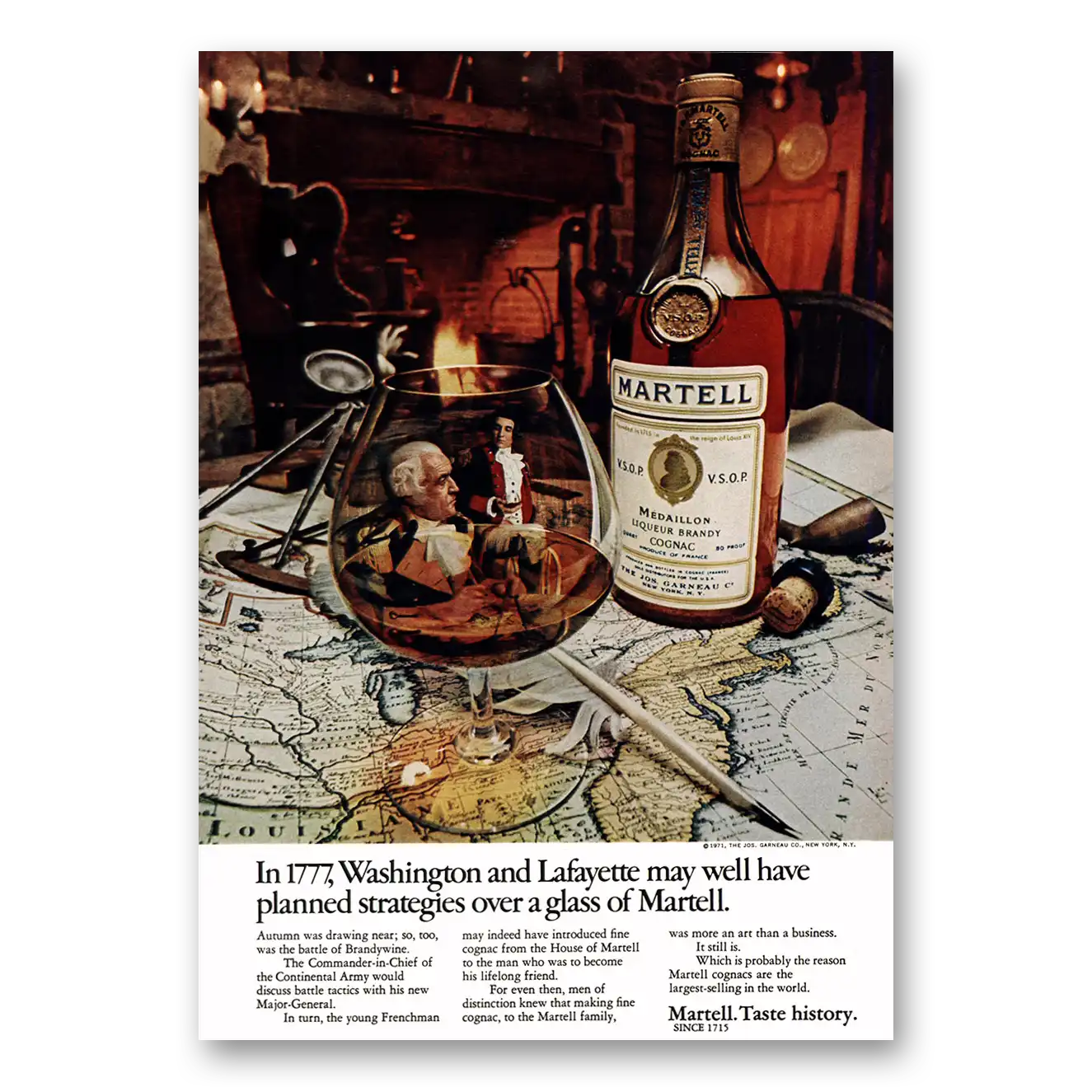 1971 Martell Cognac 1777 Washington and Lafayette Vintage Magazine Print Ad