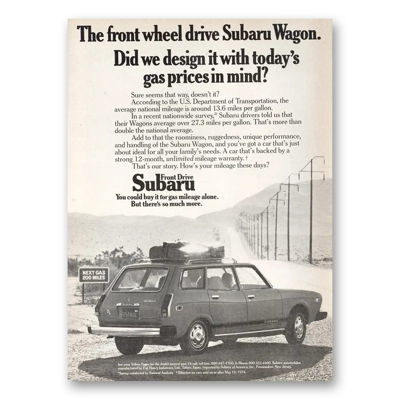 1974 Subaru Wagon Gas Prices In Mind Vintage Magazine Print Ad