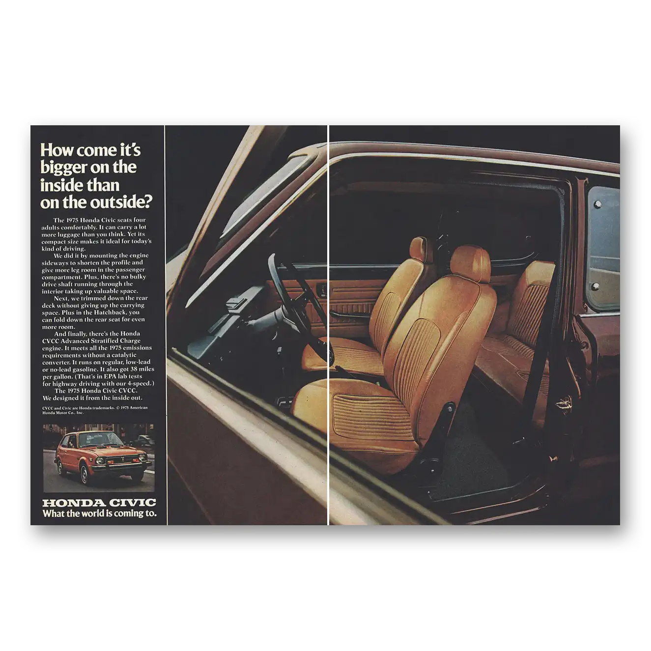 1975 Honda Civic Bigger On the Inside Than On the Outside Vintage Magazine Print Ad