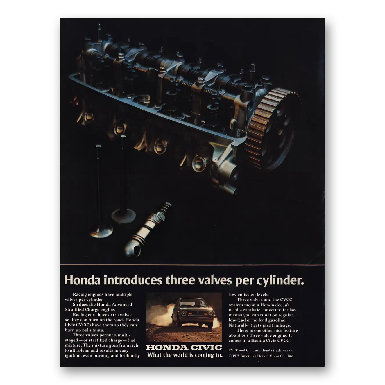 1975 Honda Civic Three Valves Per Cylinder Vintage Magazine Print Ad