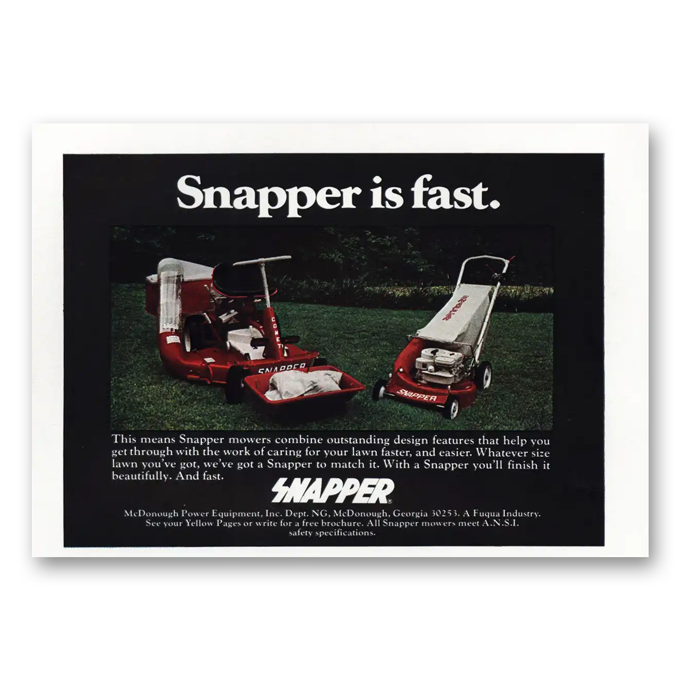 1975 Snapper Mowers Snapper is Fast Vintage Magazine Print Ad