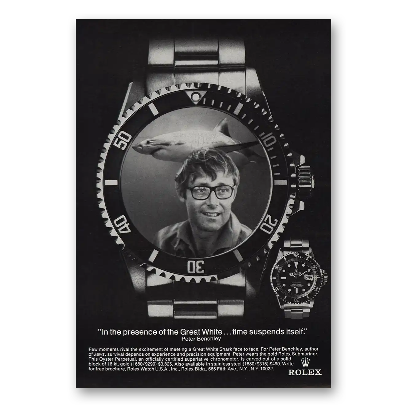 1976 Rolex Presence of the Great White Peter Benchley Vintage Magazine Print Ad