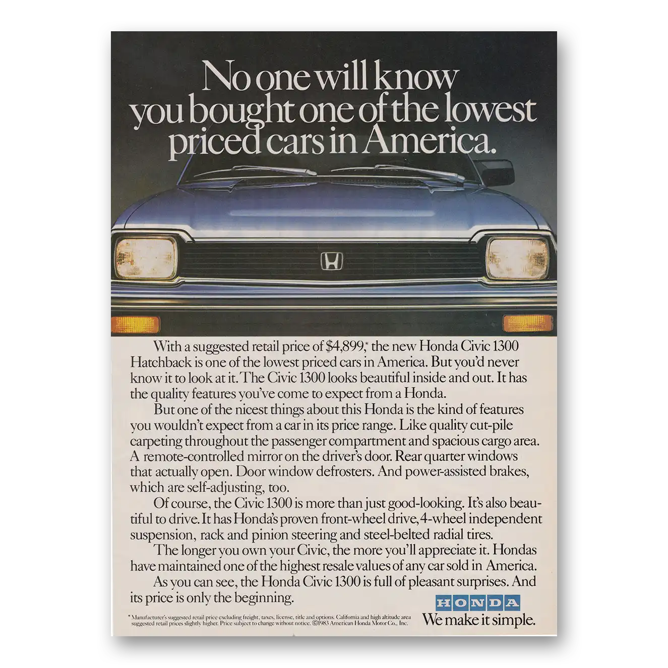 1983 Honda Civic No One Will Know Vintage Magazine Print Ad