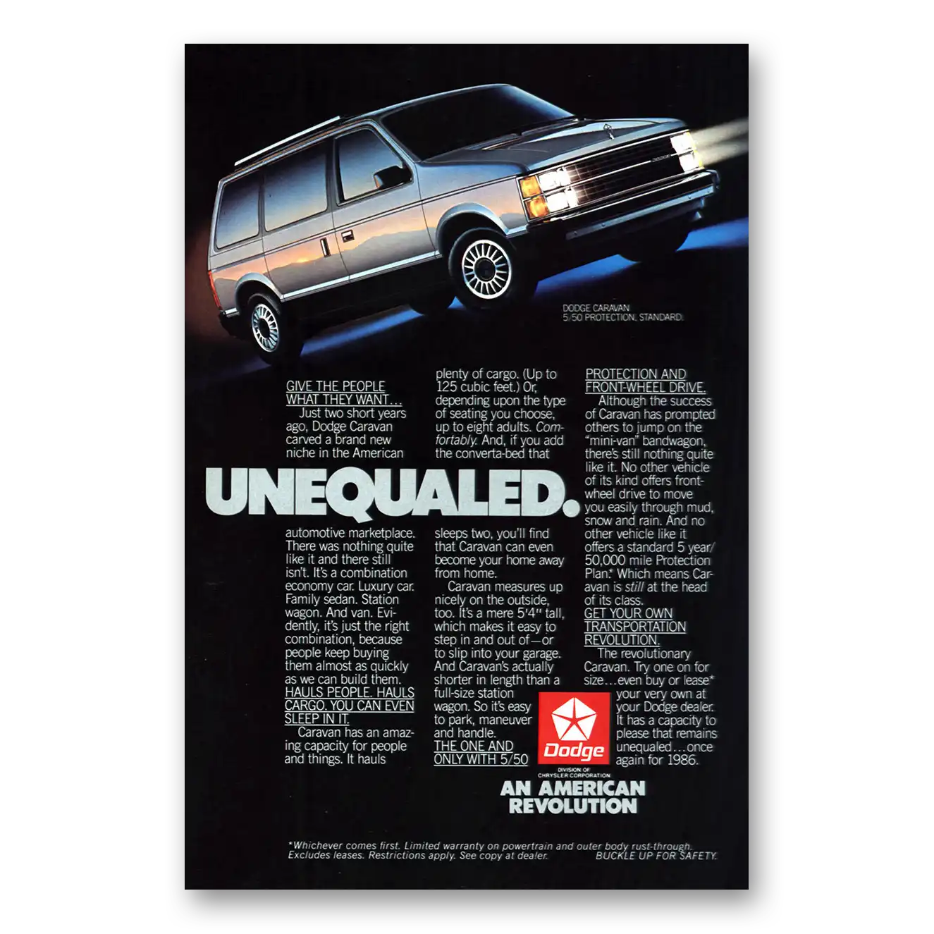 1986 Dodge Caravan Unequaled Give the People What They Want Vintage Magazine Print Ad
