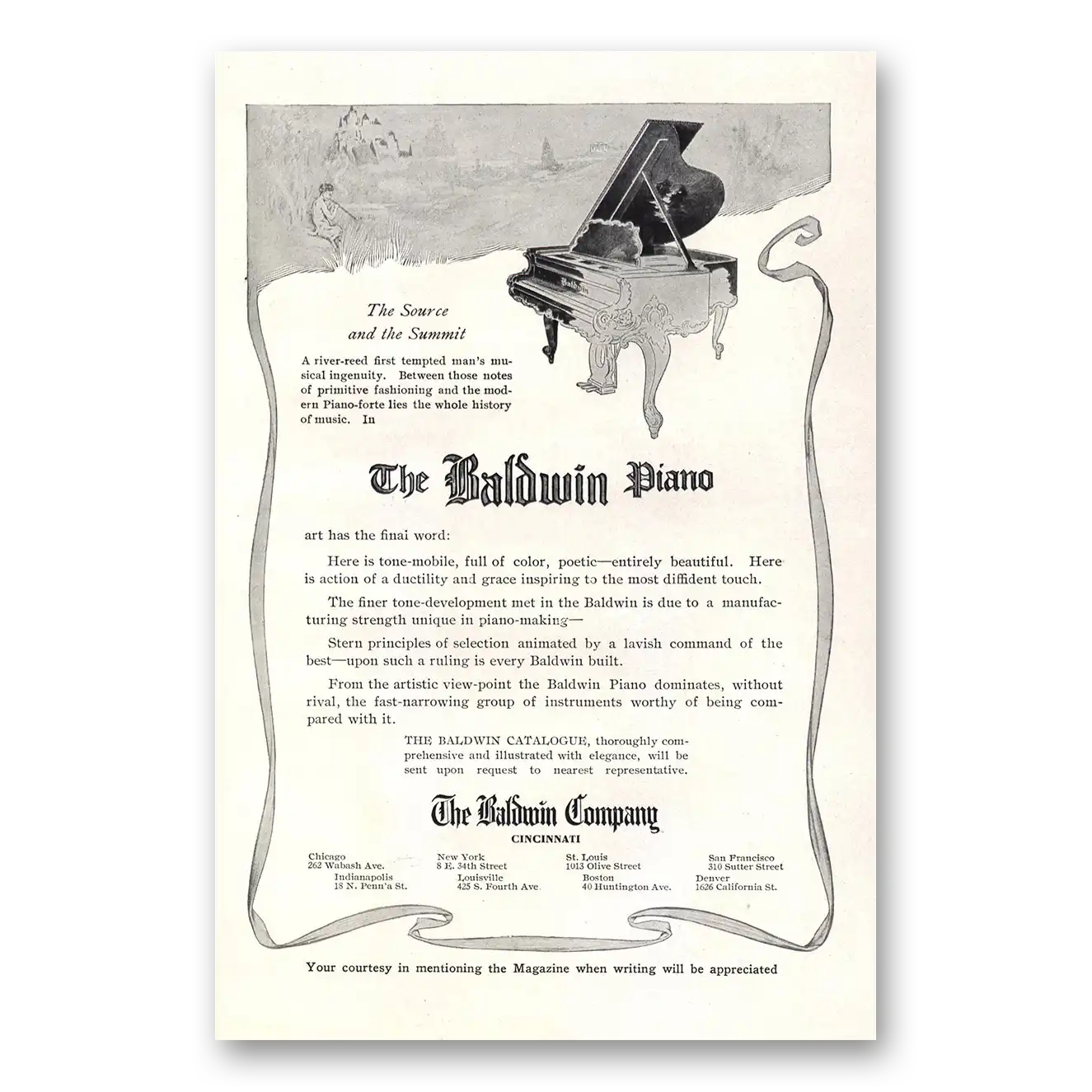 1910 Baldwin Piano Source and the Summit Vintage Magazine Print Ad