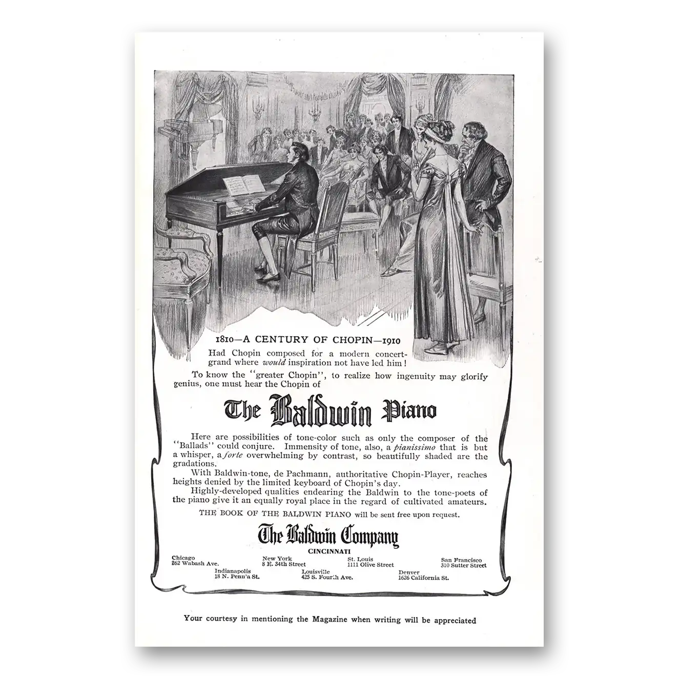 1910 Baldwin Piano Century of Chopin Vintage Magazine Print Ad