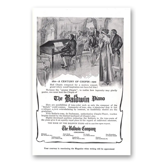 1910 Baldwin Piano Century of Chopin Vintage Magazine Print Ad