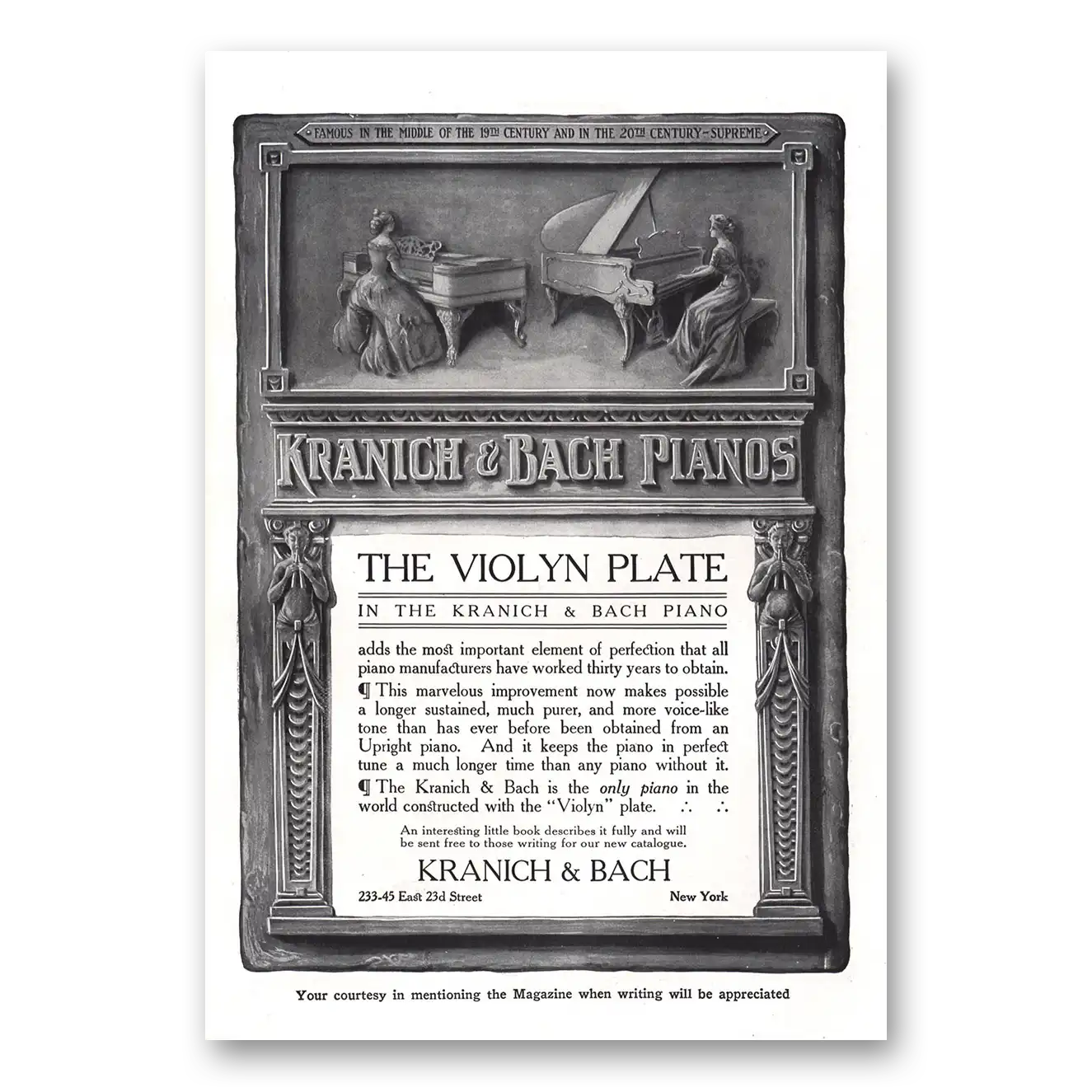 1910 Kranich & Bach Pianos Violyn Plate Vintage Magazine Print Ad