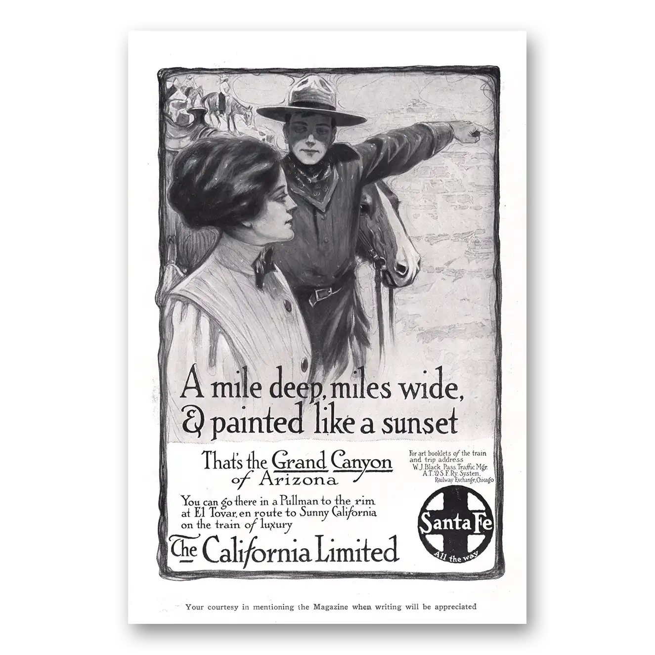 1910 Santa Fe Railway Mile Deep Miles Wide Grand Canyon Vintage Magazine Print Ad