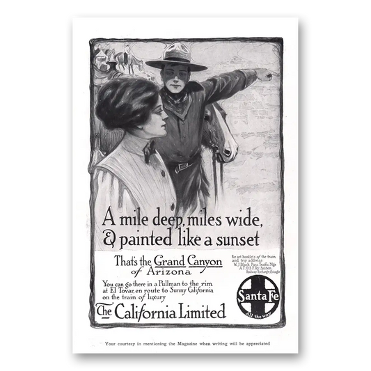 1910 Santa Fe Railway Mile Deep Miles Wide Grand Canyon Vintage Magazine Print Ad