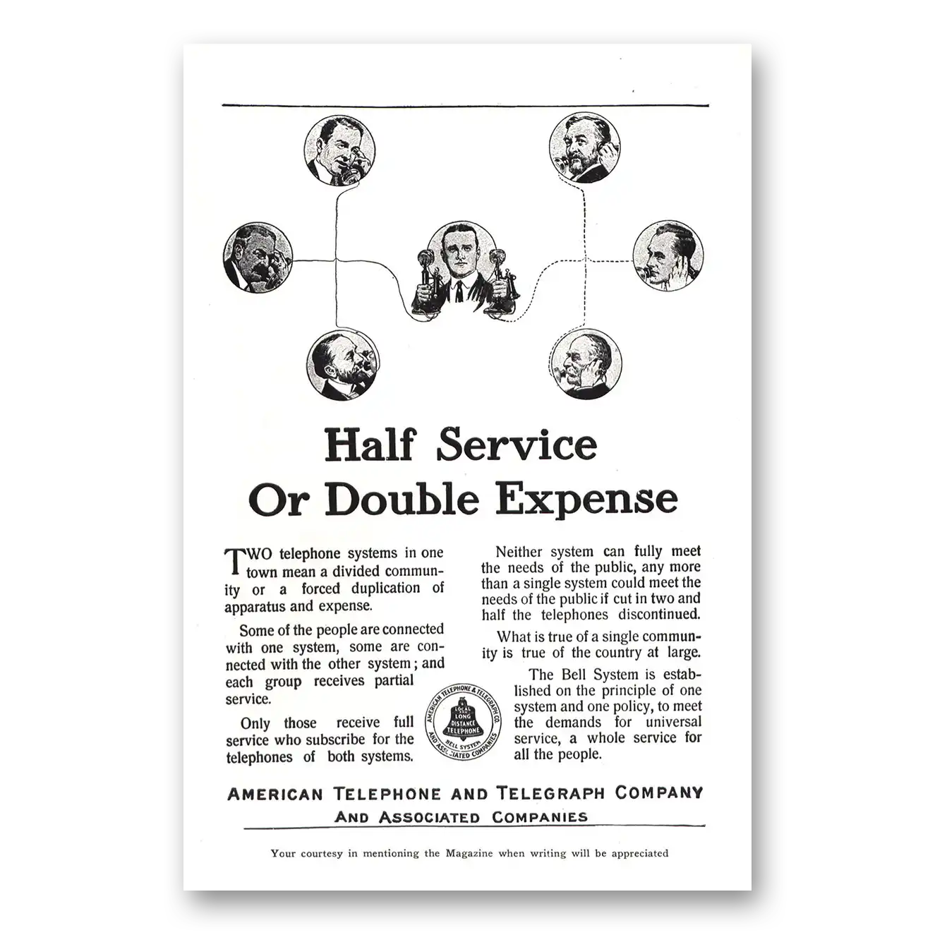 1911 American Telephone Half Service or Double Expense Vintage Magazine Print Ad