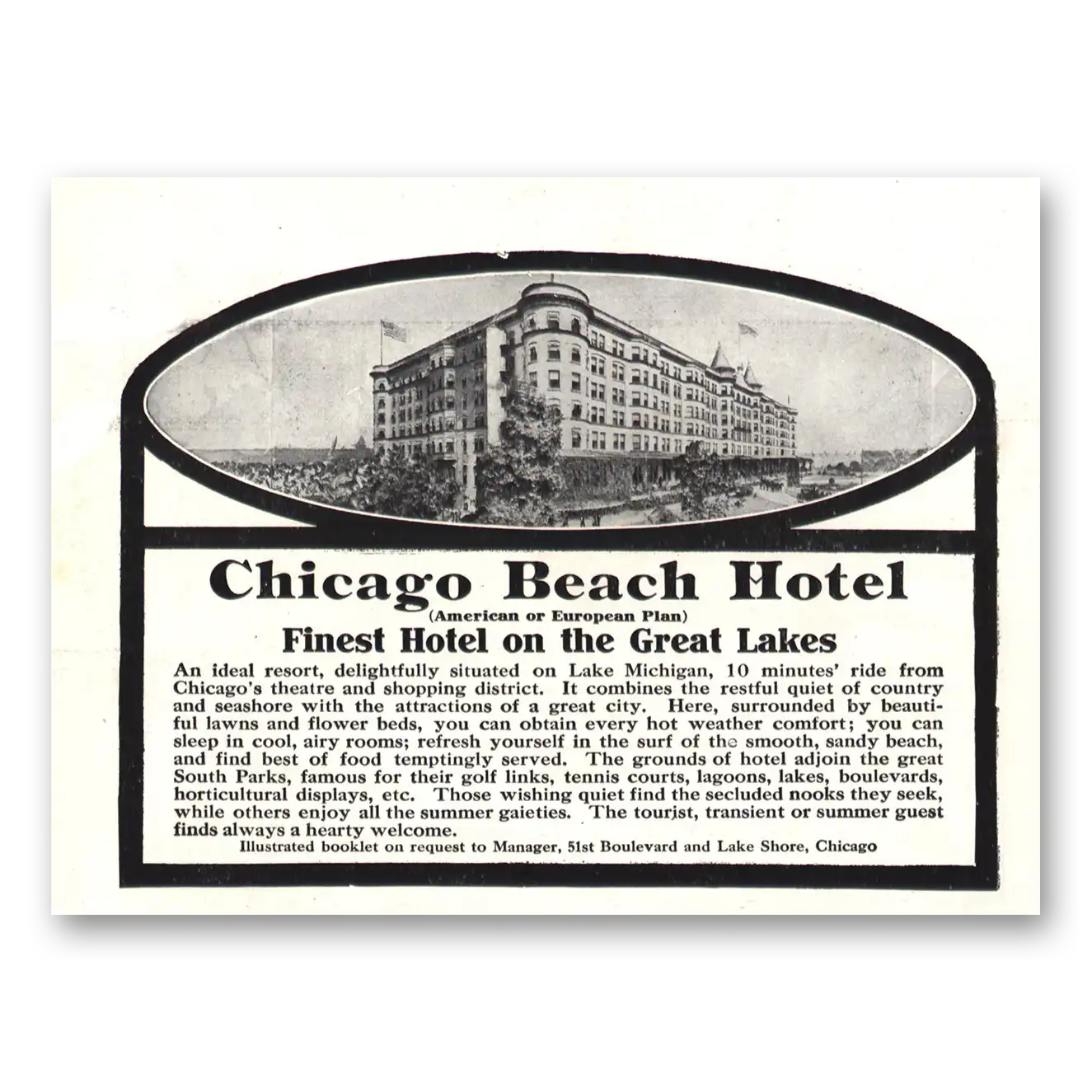 1911 Chicago Beach Hotel Finest Hotel On Great Lakes Vintage Magazine Print Ad