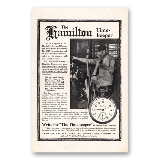 1911 Hamilton Watch Engineer C W Goodall Vintage Magazine Print Ad