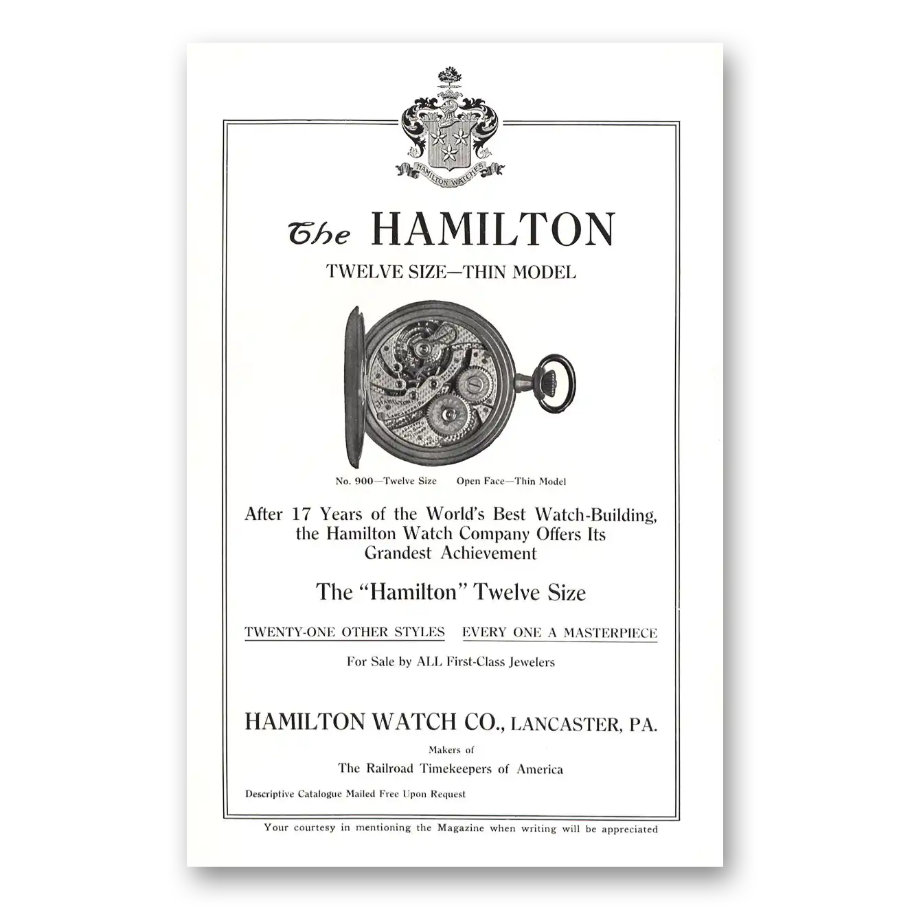 1911 Hamilton Watch Twelve Size Thin Model Vintage Magazine Print Ad