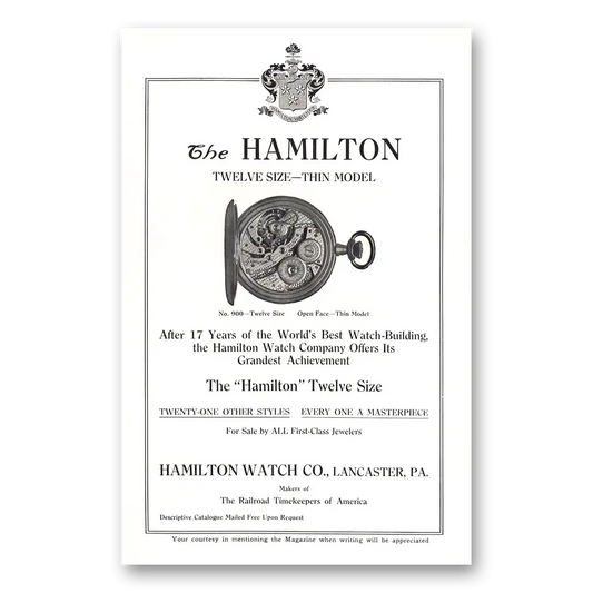 1911 Hamilton Watch Twelve Size Thin Model Vintage Magazine Print Ad