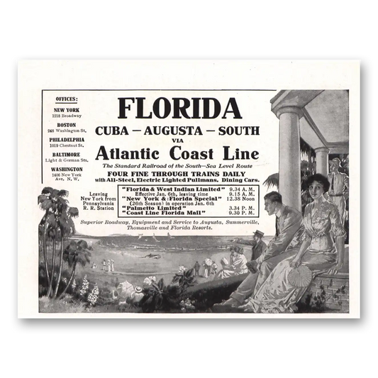 1912 Atlantic Coast Line Railroad Florida Cuba Augusta Vintage Magazine Print Ad