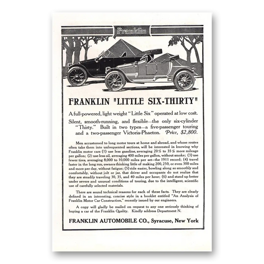 1912 Franklin Automobile Little Six Thirty Full Powered Light Weight Vintage Magazine Print Ad