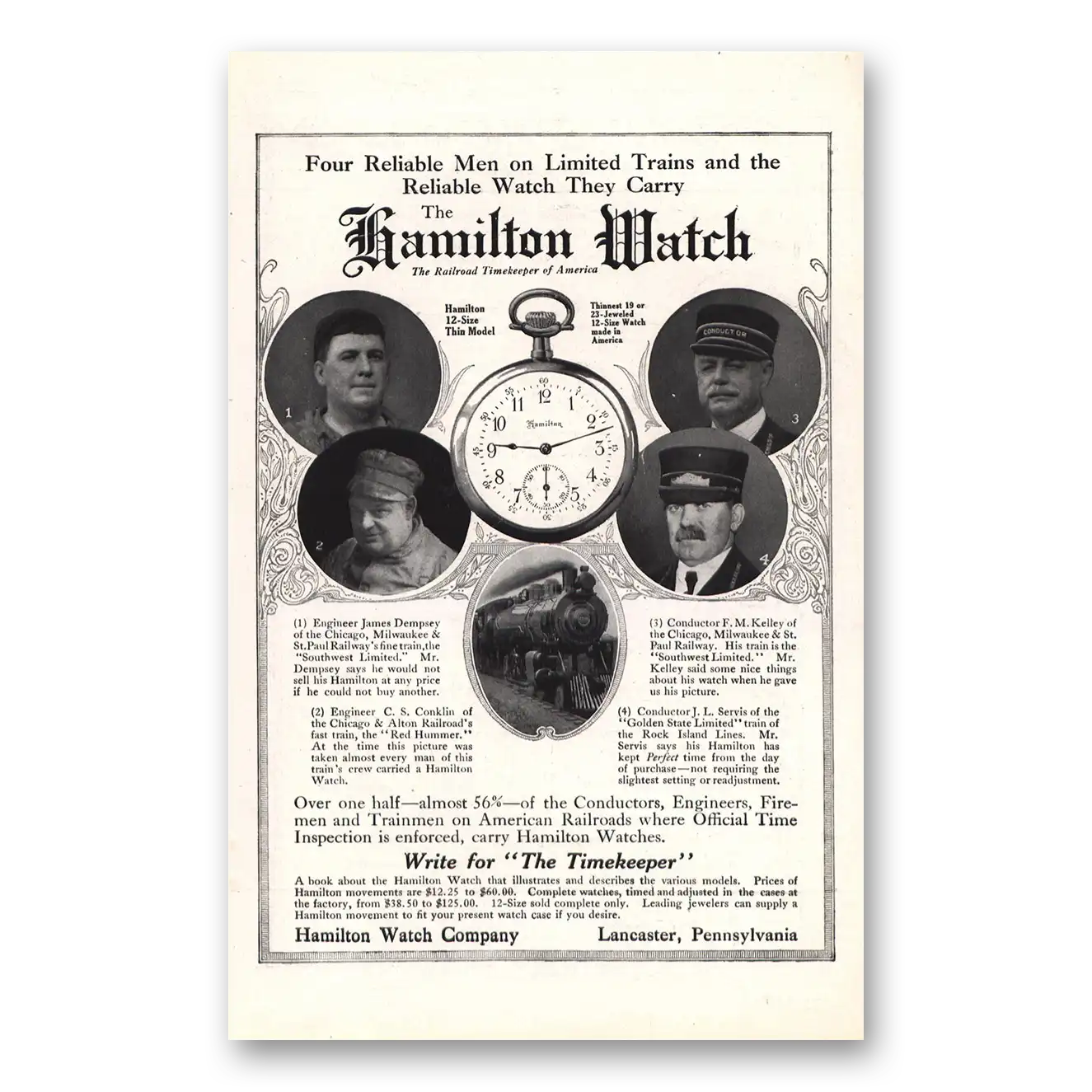 1912 Hamilton Watch Four Reliable Men Limited Trains Vintage Magazine Print Ad